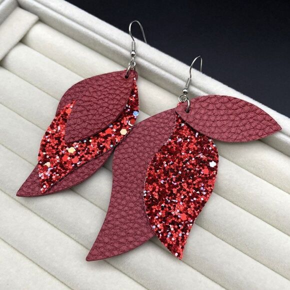 Red Faux Leather with Sequin Layered Leaf 316L Stainless Steel Hook Earrings - Picture 8 of 10
